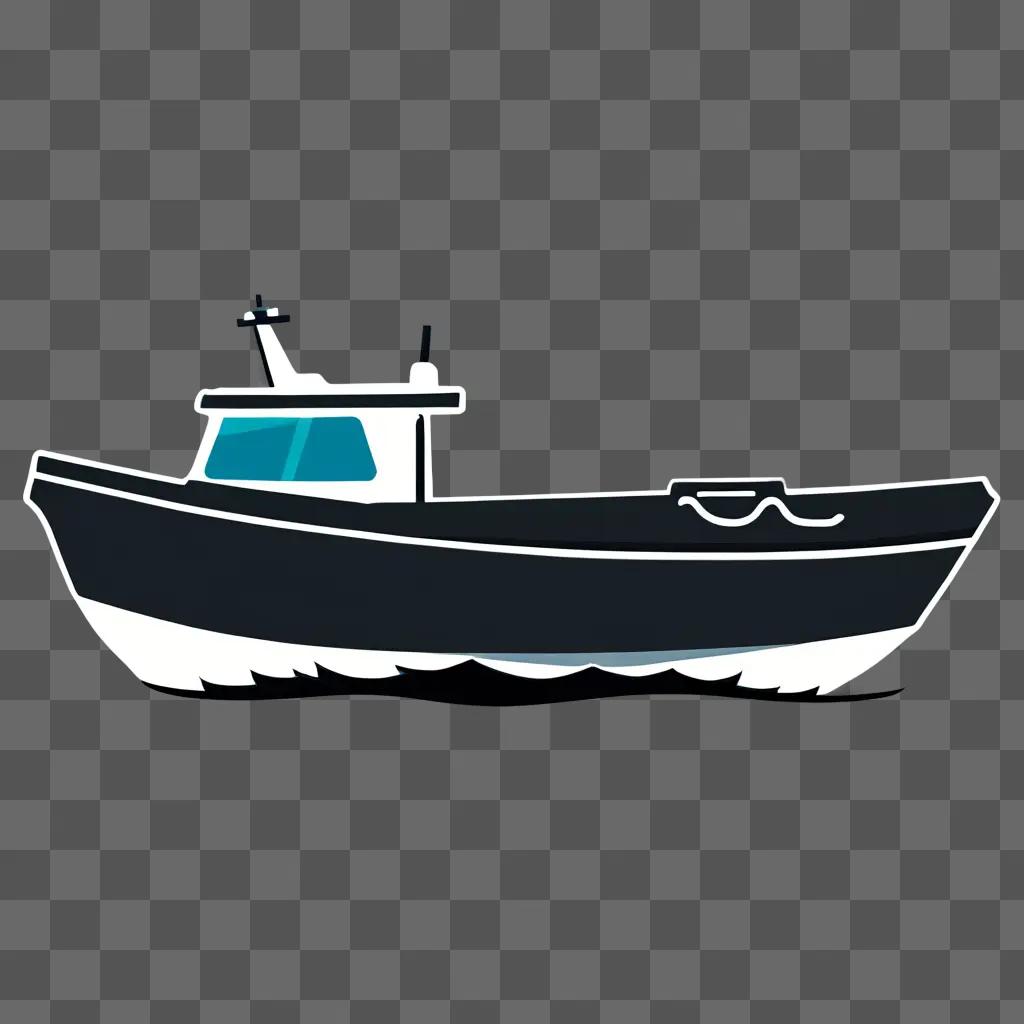 Black boat with white outline and white waves on dark background