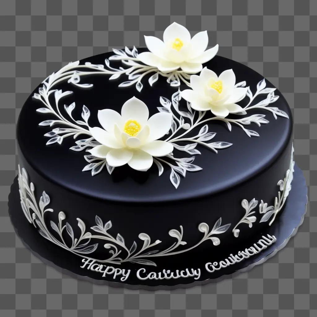 Black cake with white flowers and a clear top