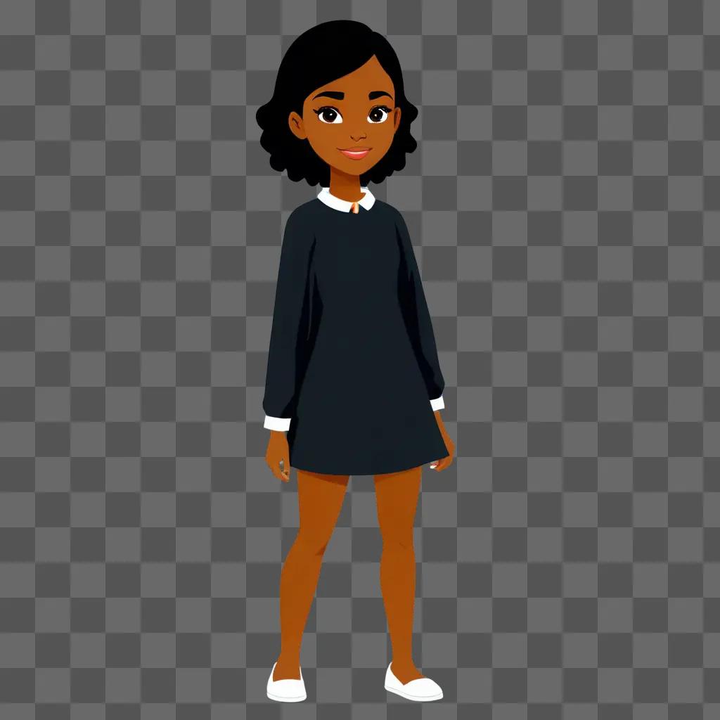 Black cartoon girl wearing black dress and white shoes