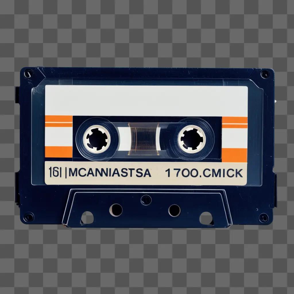 Black cassette tape with white and orange stripes