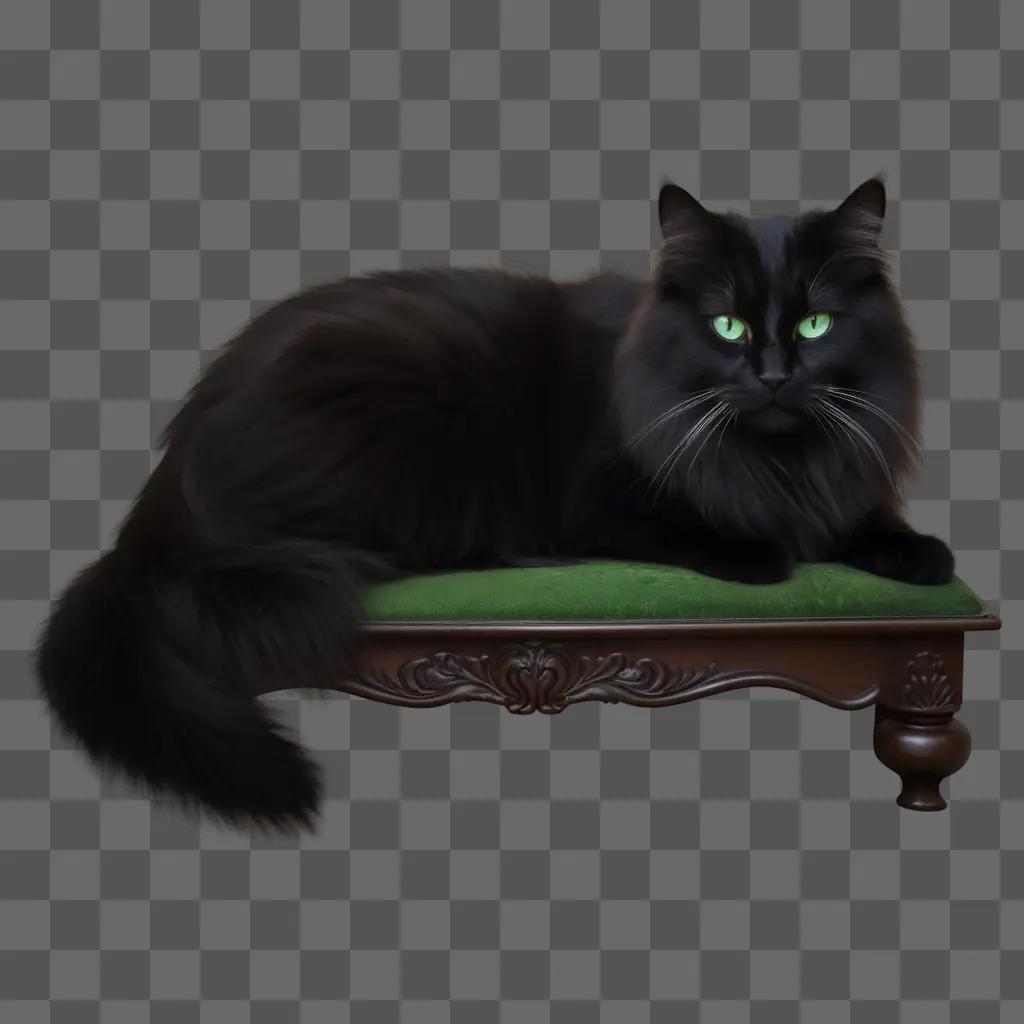 Black cat on a green cushion