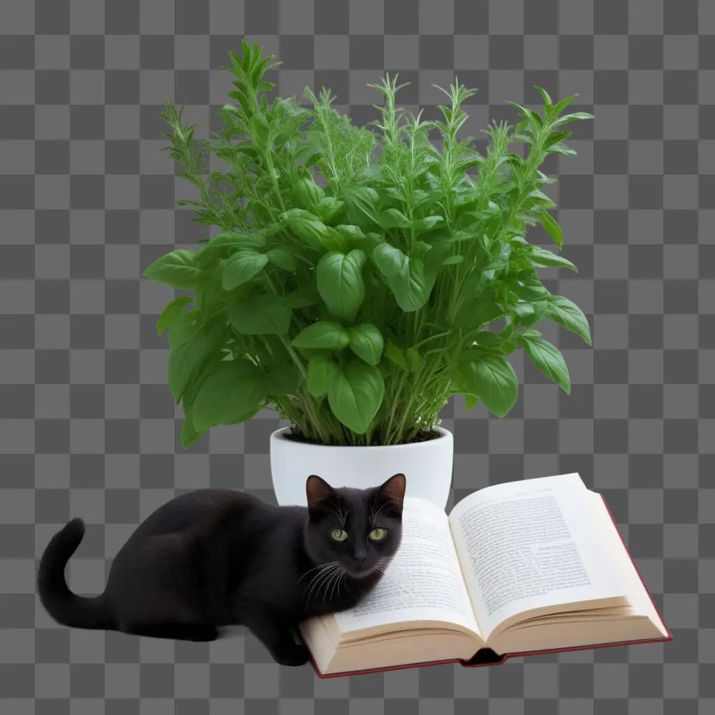 Black cat reading herb book on green background