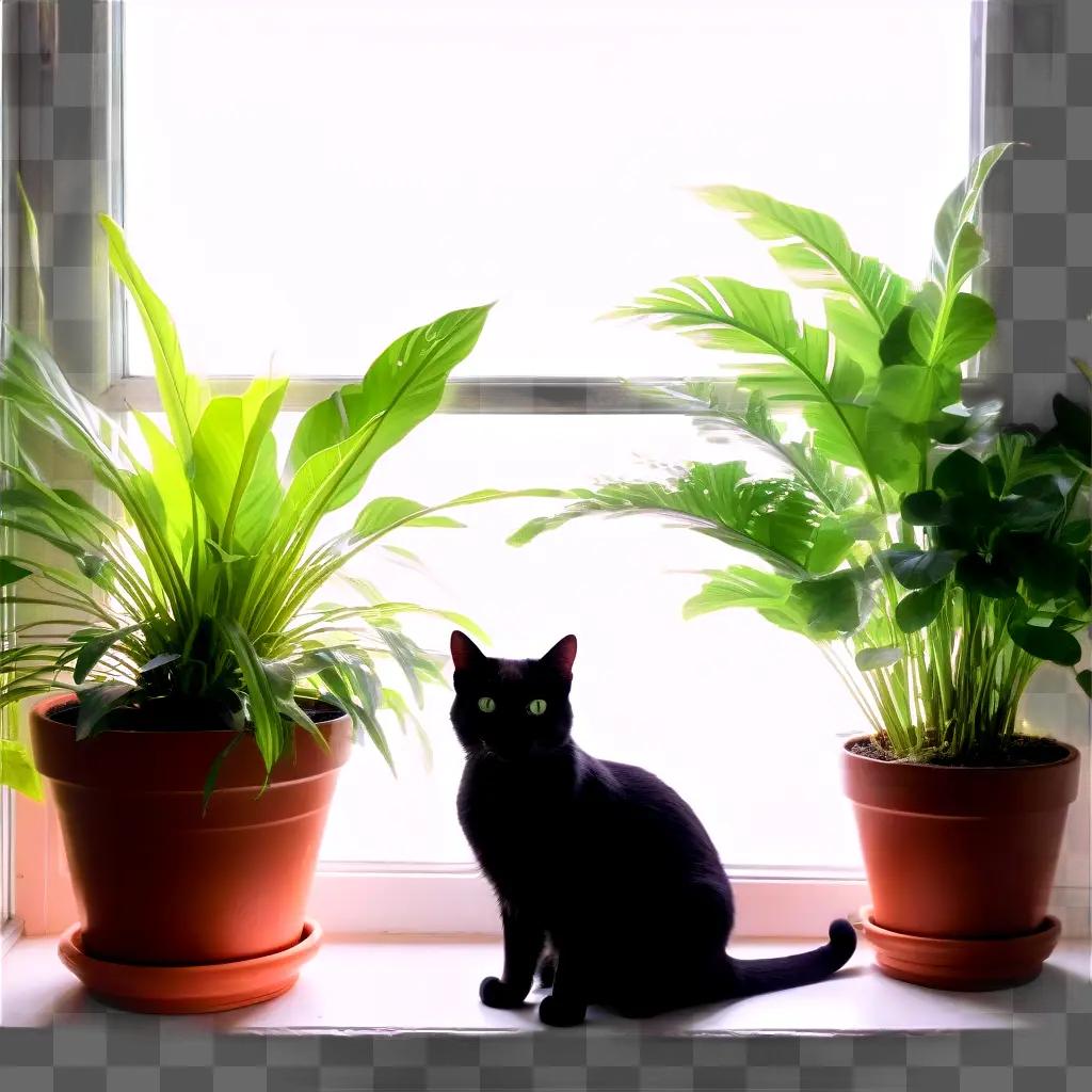 Black cat sitting in potted plants by window