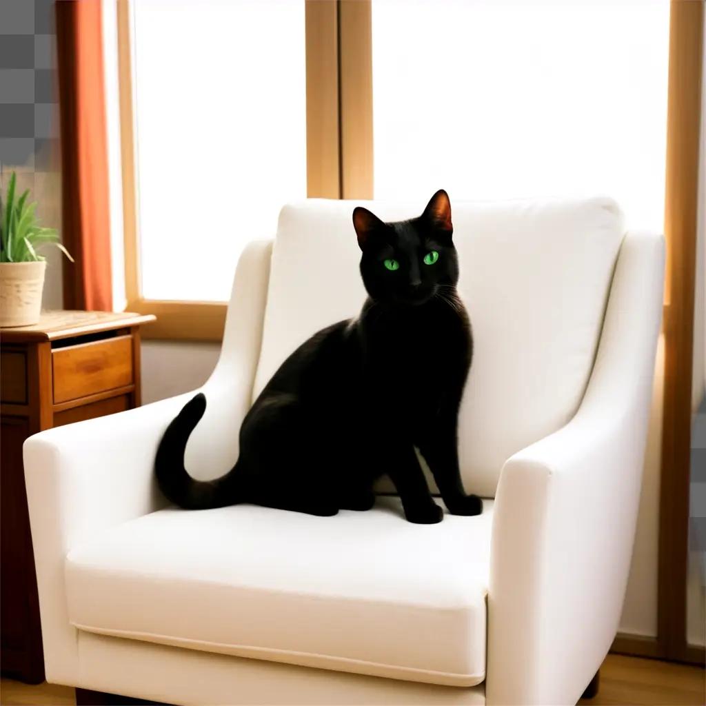 Black cat sitting in white chair by window