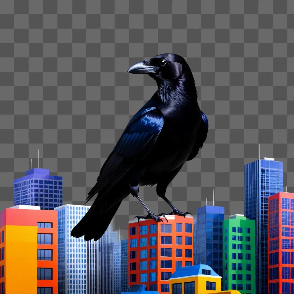 Black crow on city buildings in a city scene