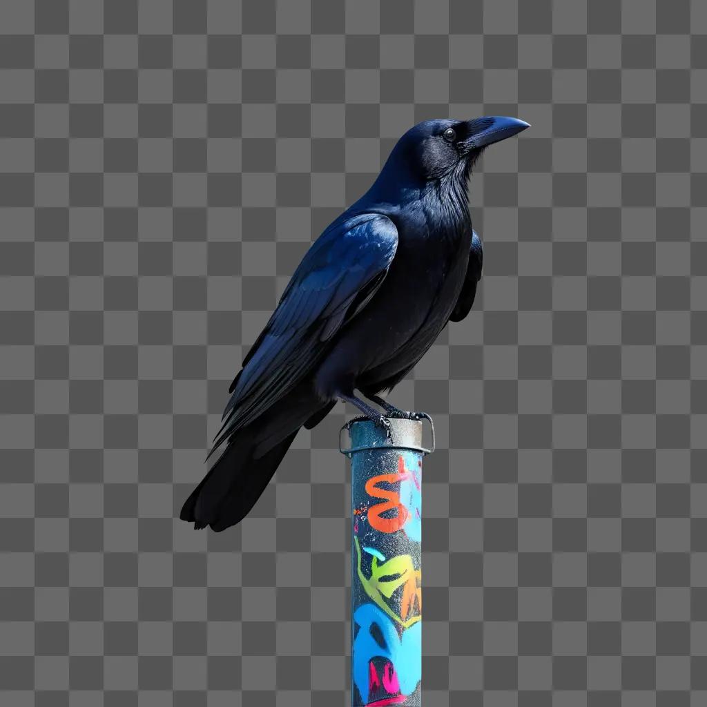 Black crow perched on colorful pole