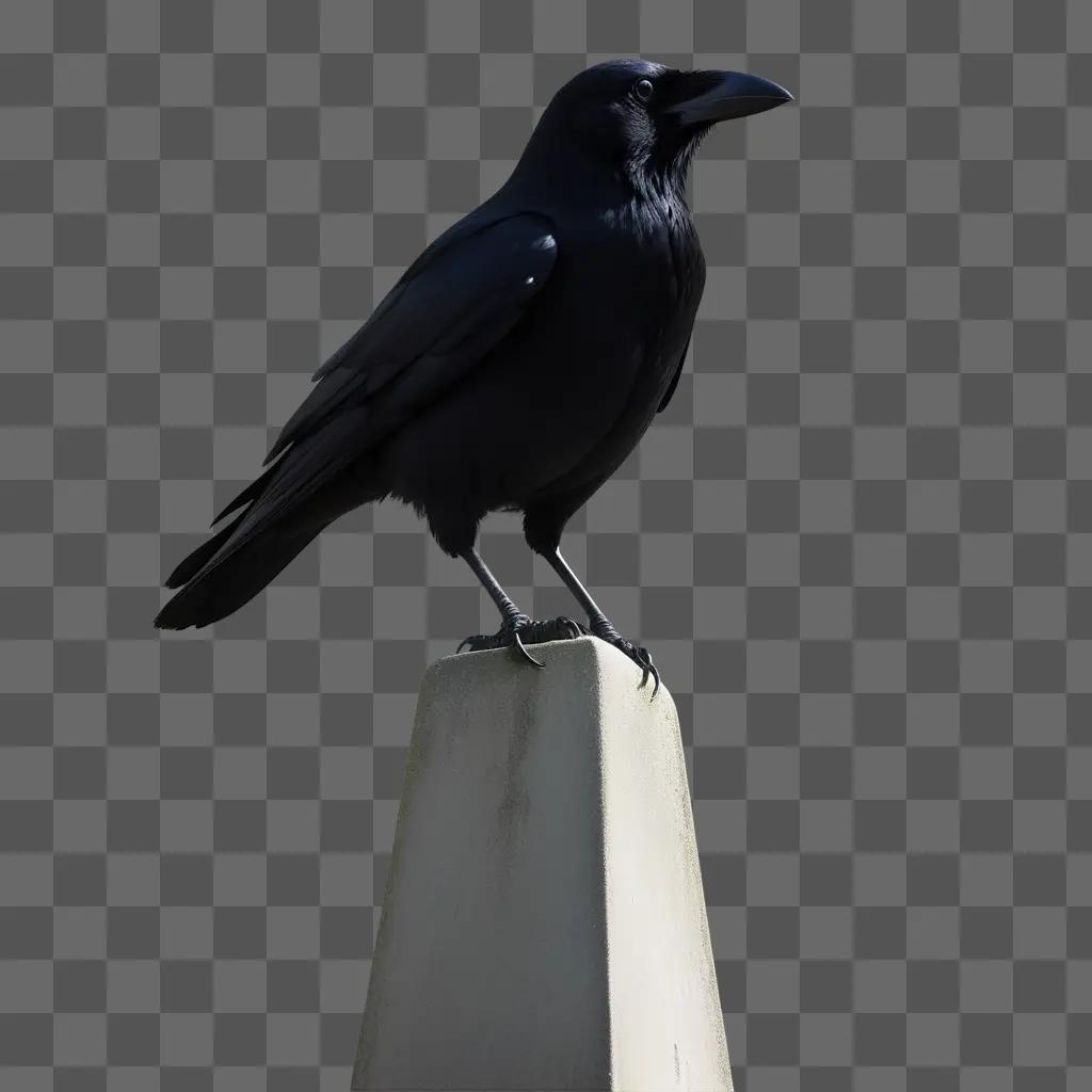 Black crow perches on a concrete pole