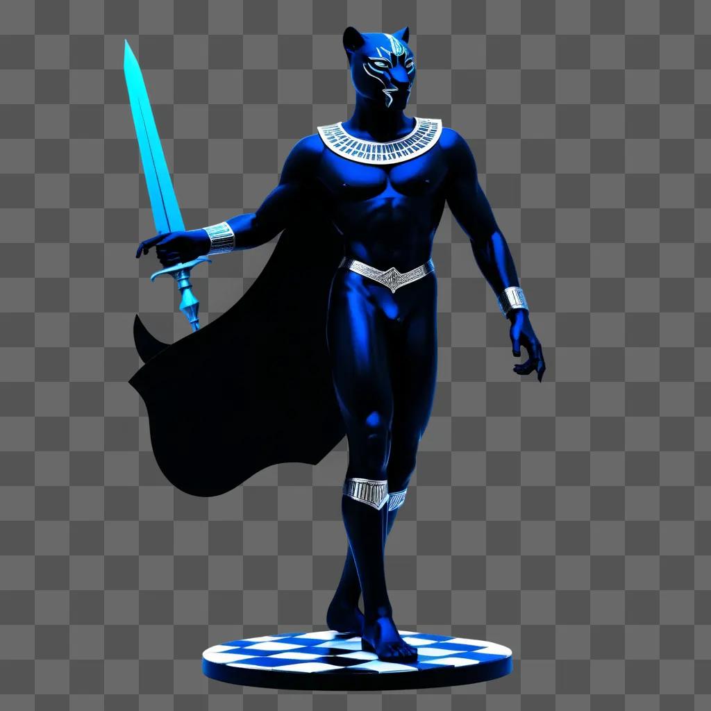 Black figure stands with sword in hand against dark blue background