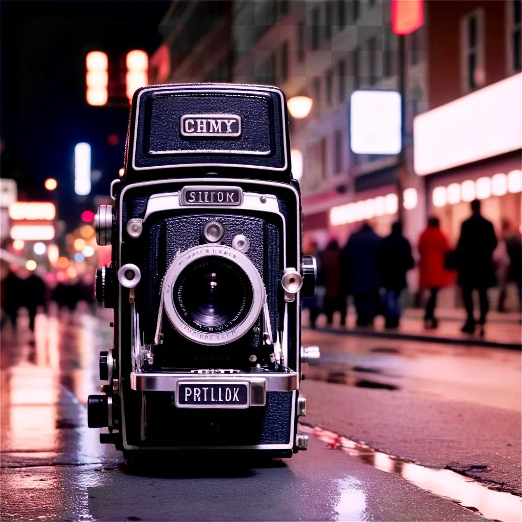 Black film camera on the street at night