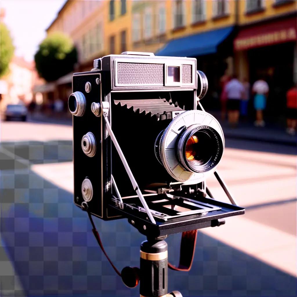 Black film camera with lens on a tripod outside