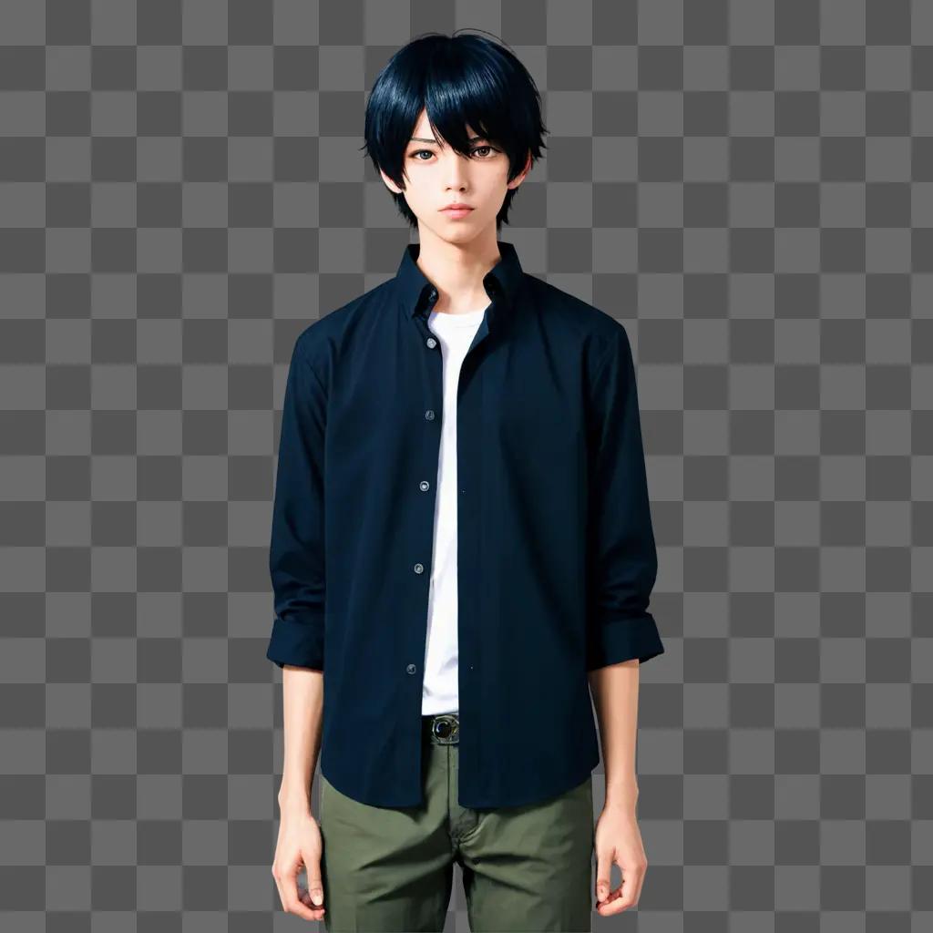 Black haired anime boy in dark blue shirt and green pants