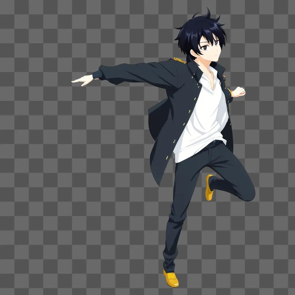 Black-haired anime boy in white shirt and black pants