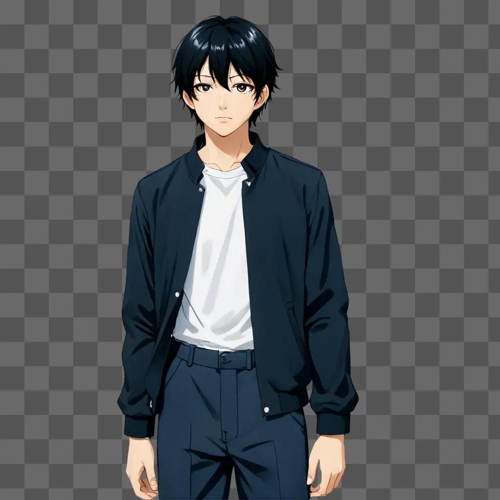 Black haired anime boy poses in a suit