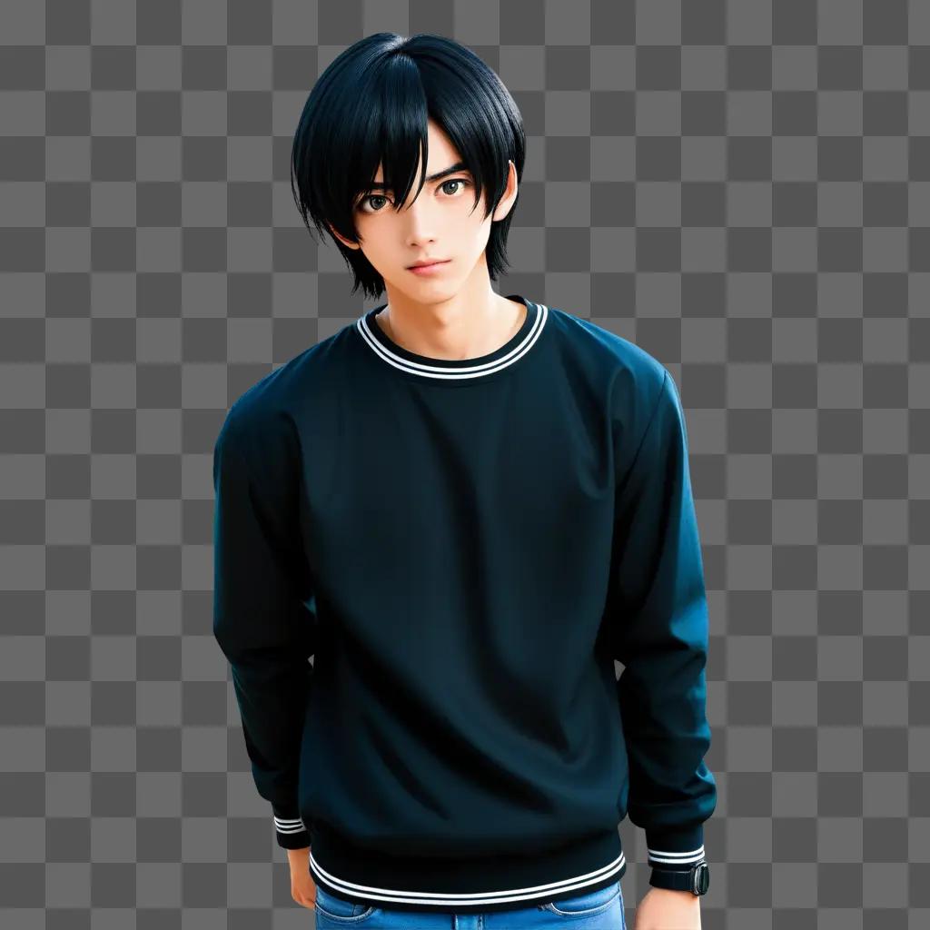 Black haired anime boy posing for a picture