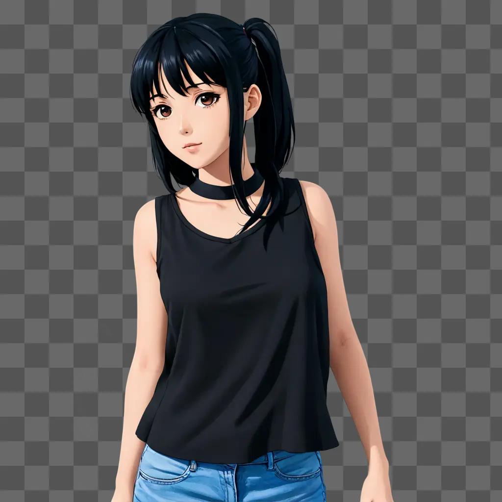 Black haired anime girl wearing a tank top and jeans