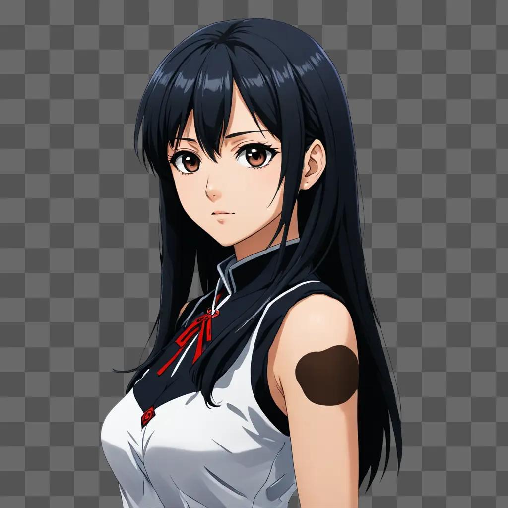 Black haired anime girl with red bow