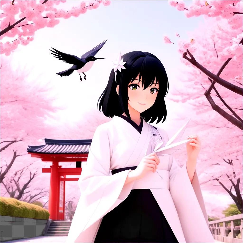 Black-haired anime girl with white kimono and scissors