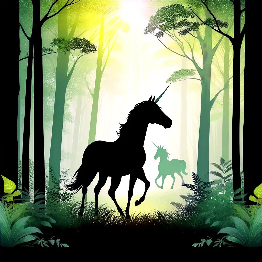 Black horse and unicorn in forest with sun behind them