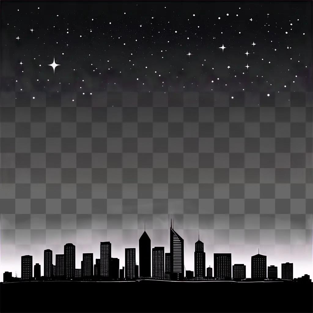 Black image of city skyline with stars