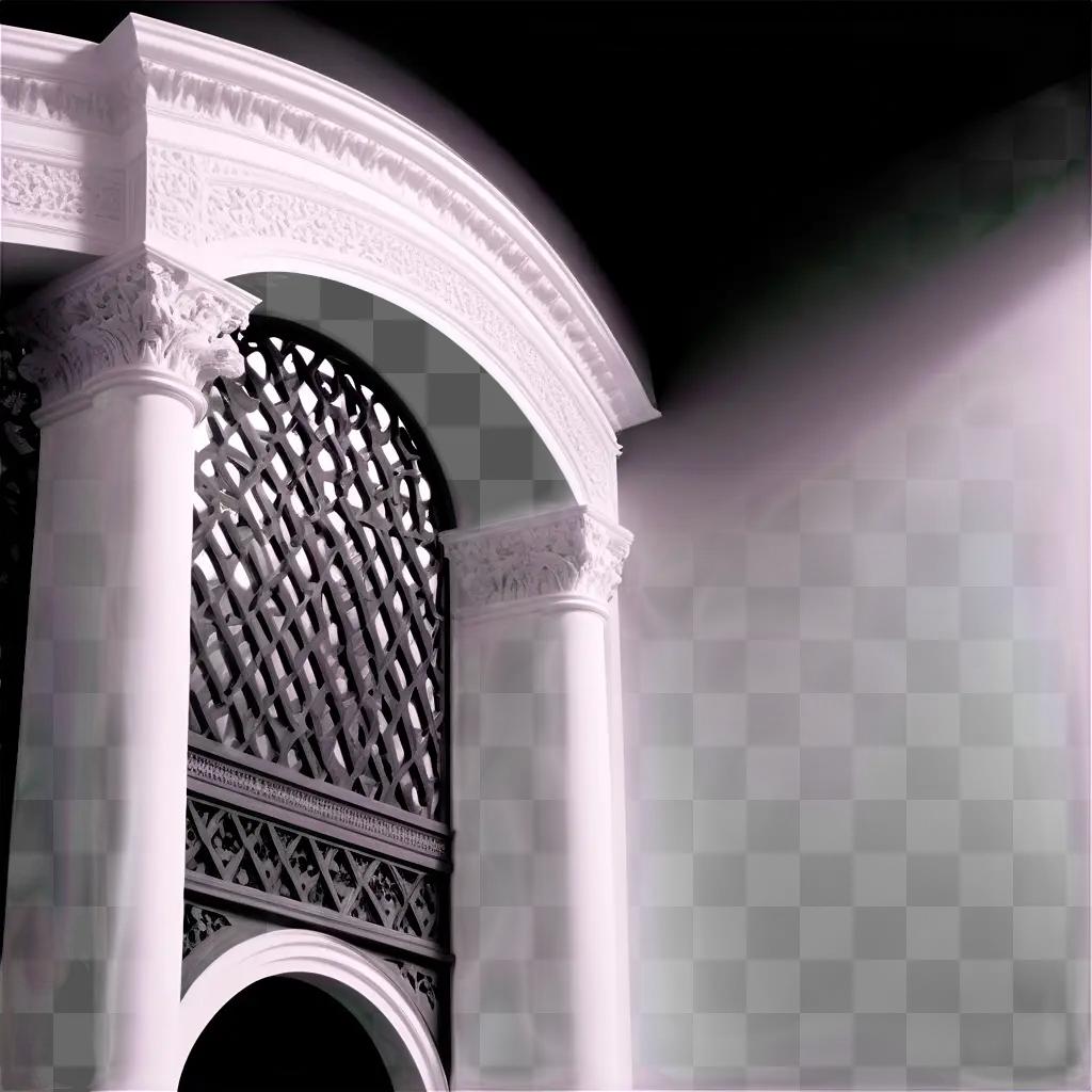 Black image of ornate archway with white light