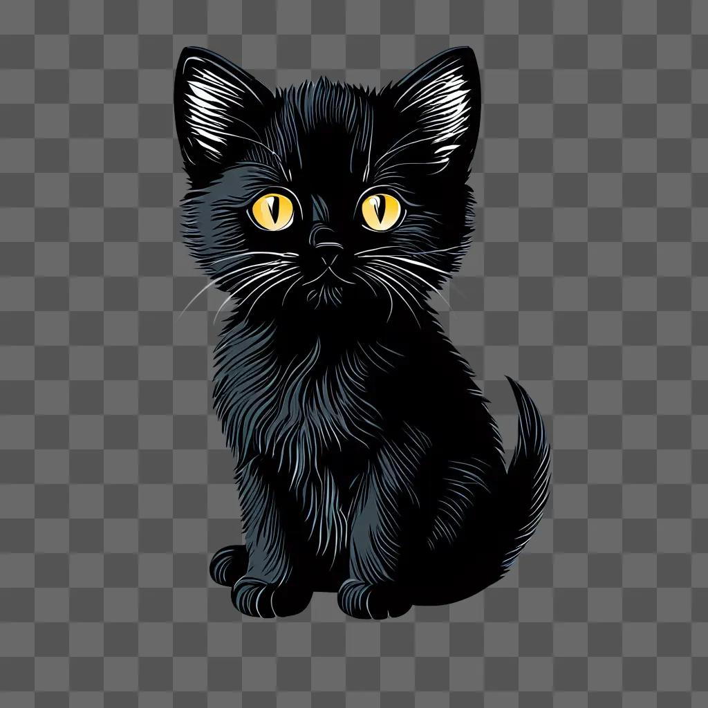 Black kitten with glowing eyes illustrated against a dark background