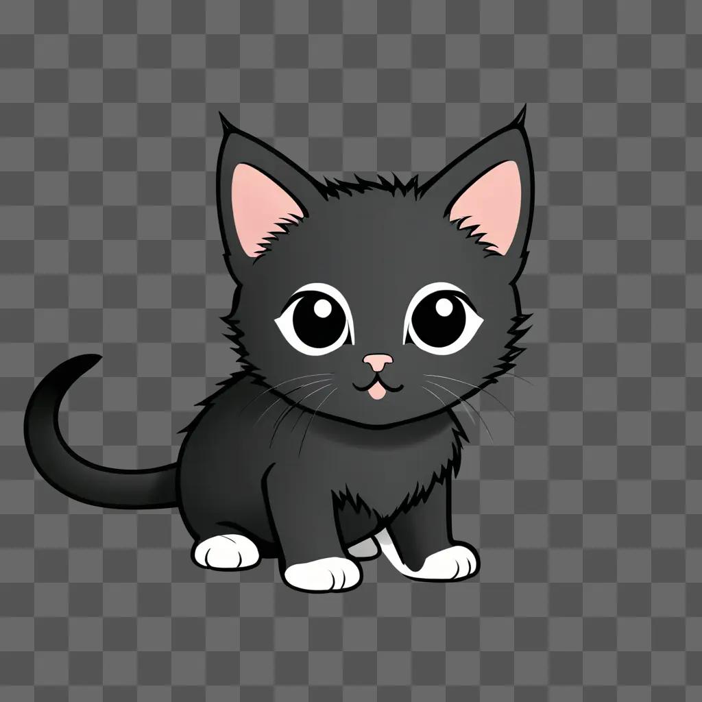 Black kitten with white paws and ears sits on black background