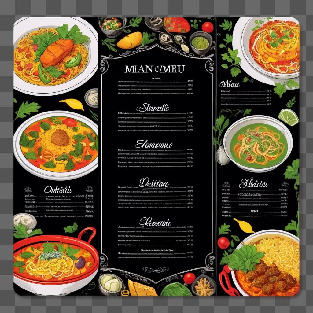 Black menu with food and writing on it