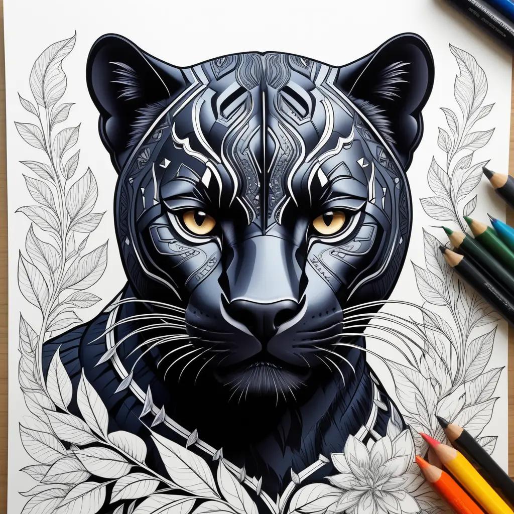 Black panther coloring page with a design of a flower and leaves