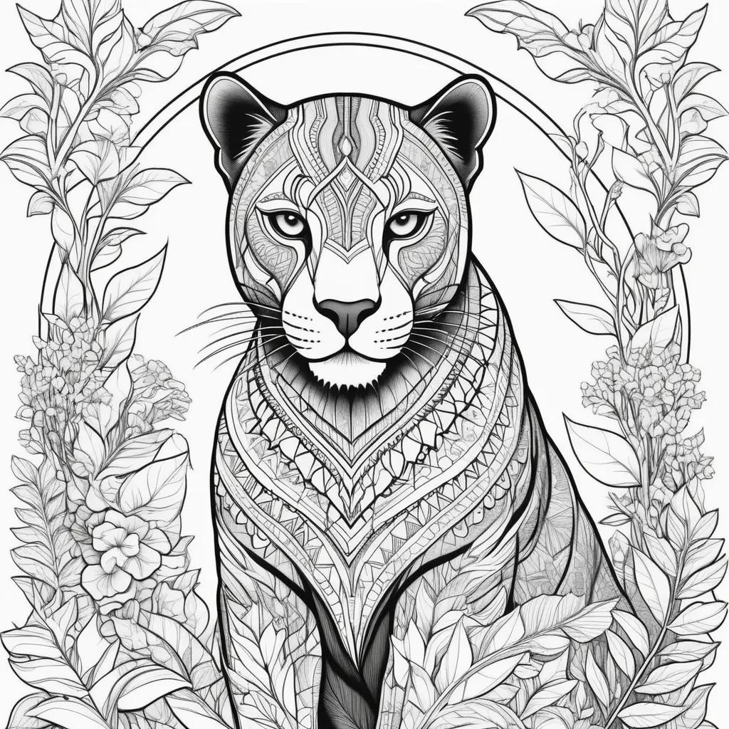 Black panther coloring page with a flower design