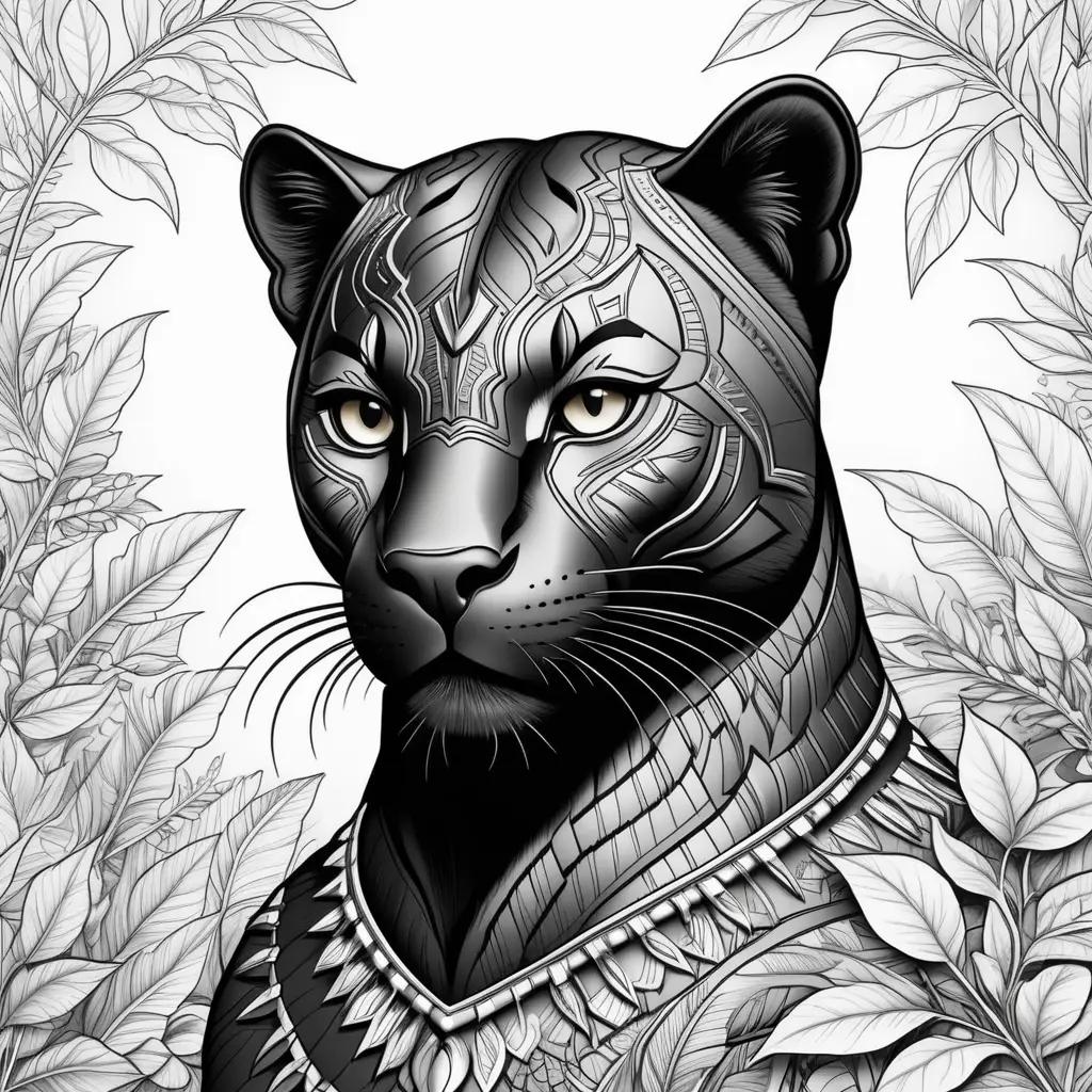 Black panther coloring page with leaves in background