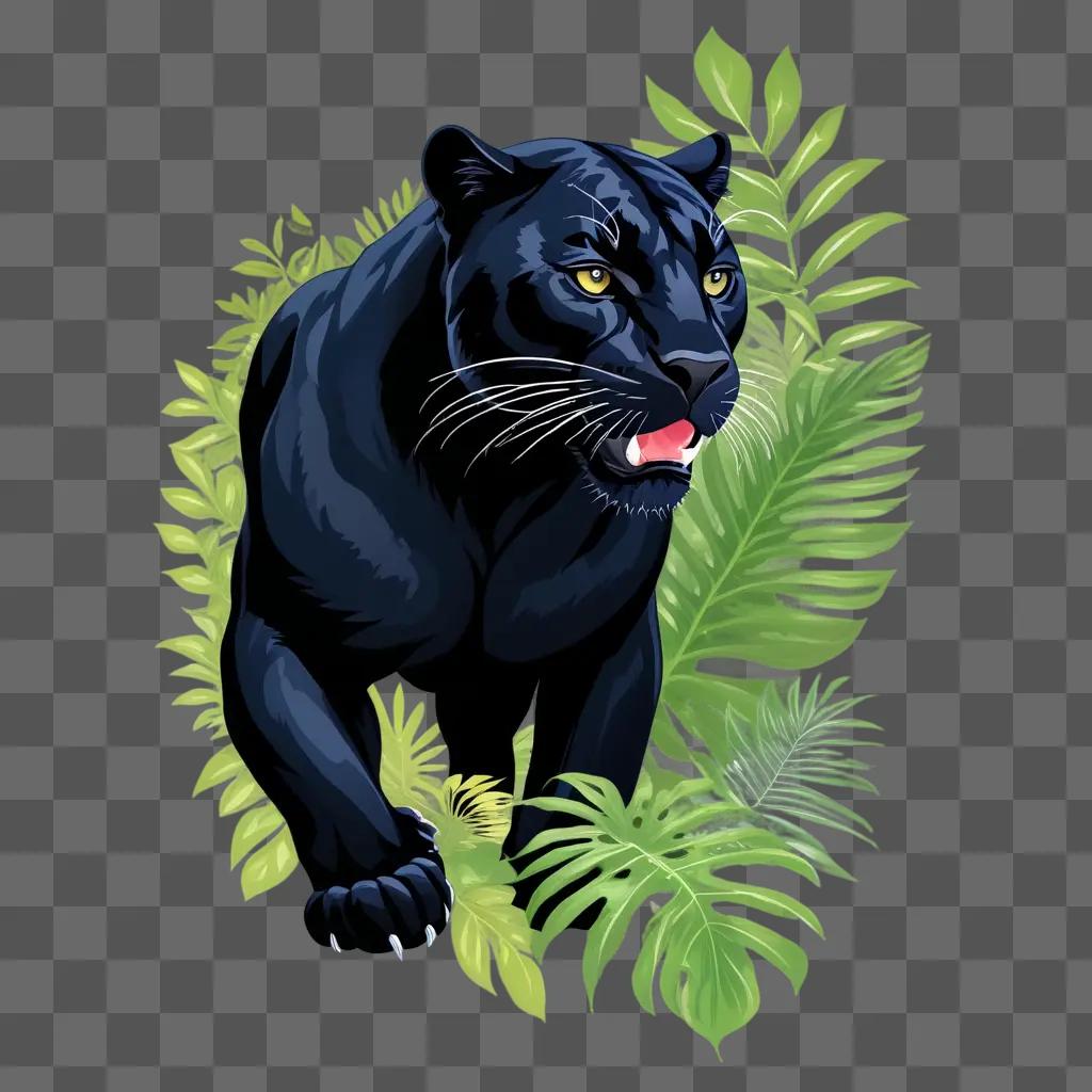 Black panther with open mouth and yellow eyes