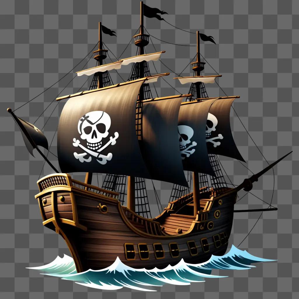 髑髏と骨のクリップアートを持つ黒い海賊船