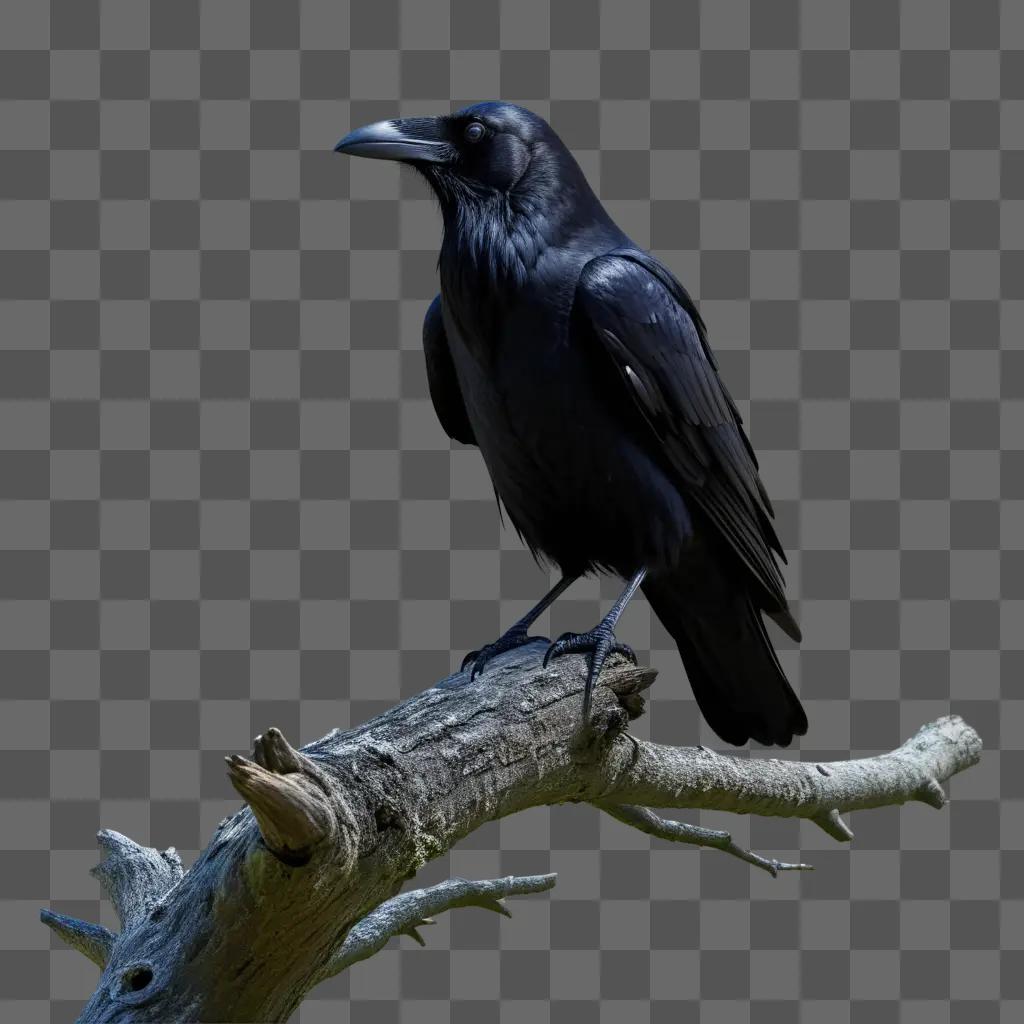 Black raven perched on a tree branch