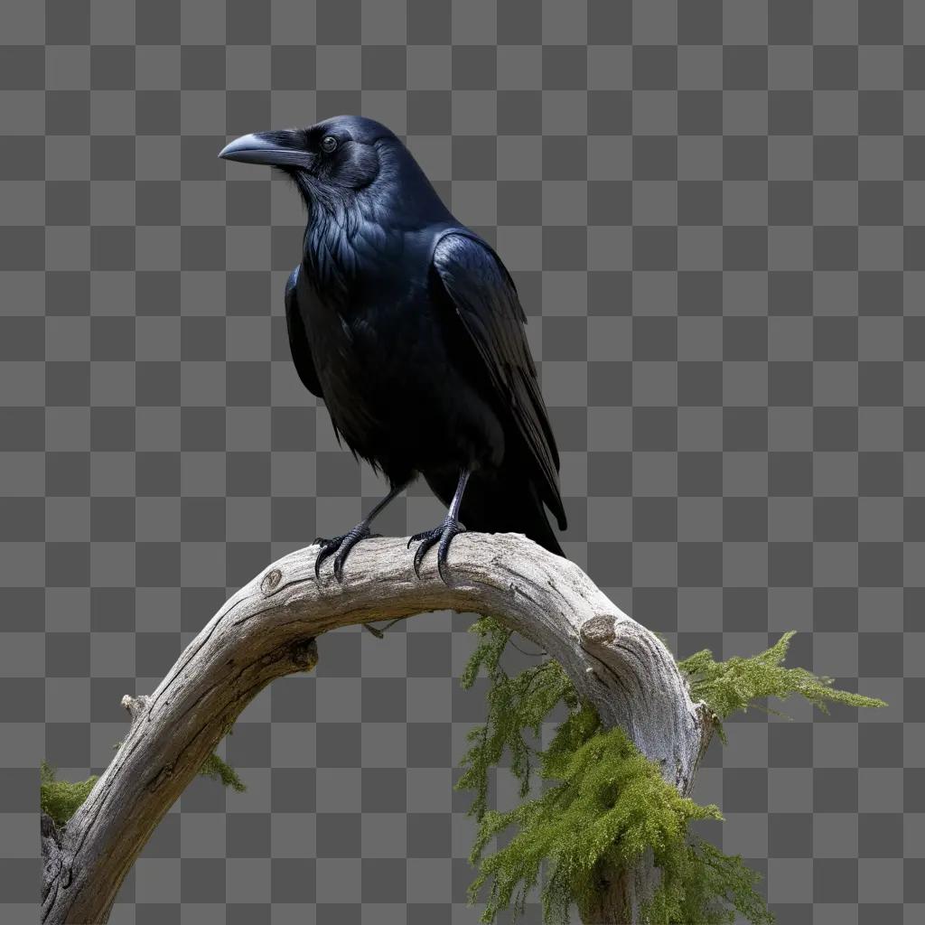 Black raven perches on a branch against a dark background