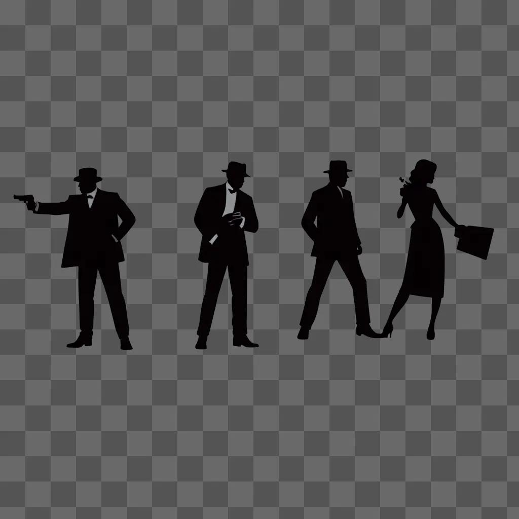 Black silhouette of four men in movie clipart