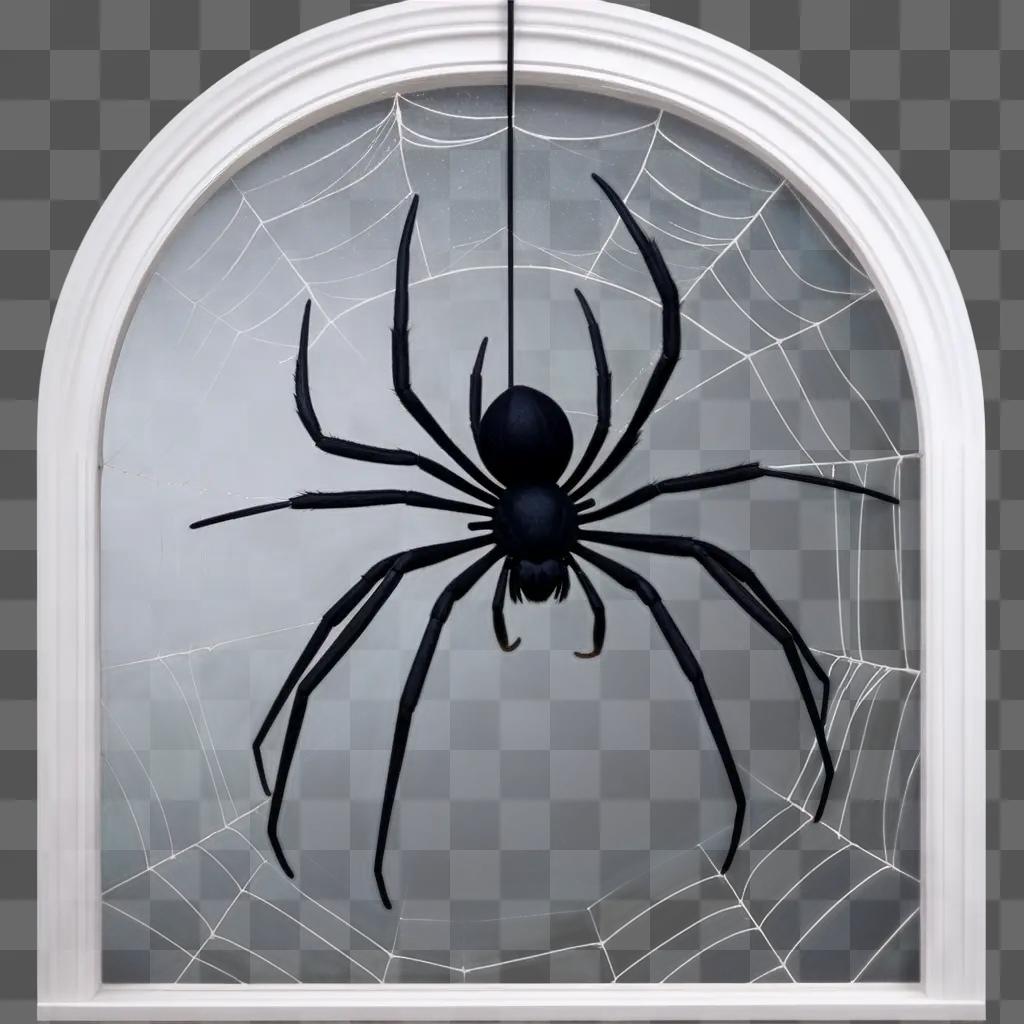 Black spider with silk on a white wall