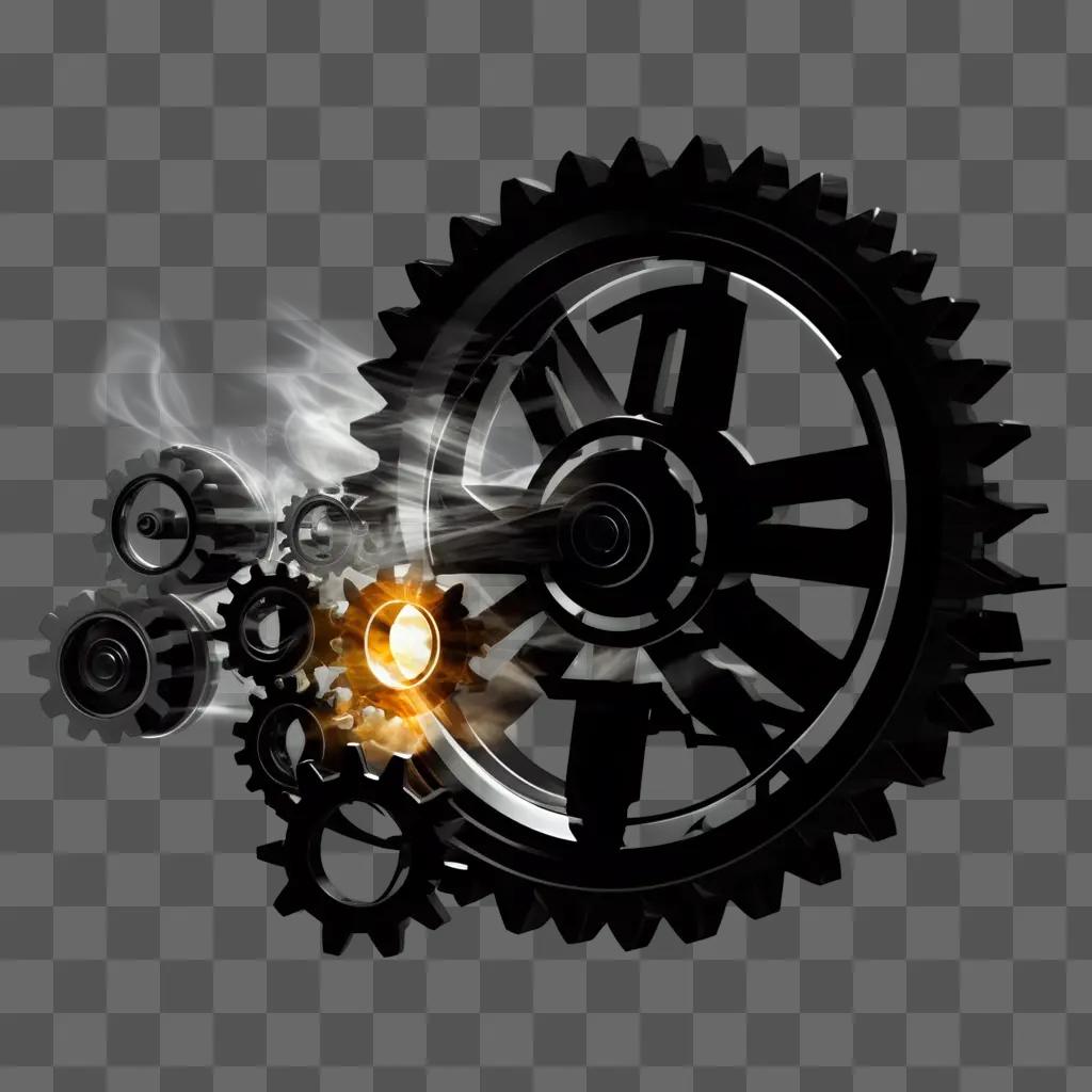 Black steam emanates from a large gear