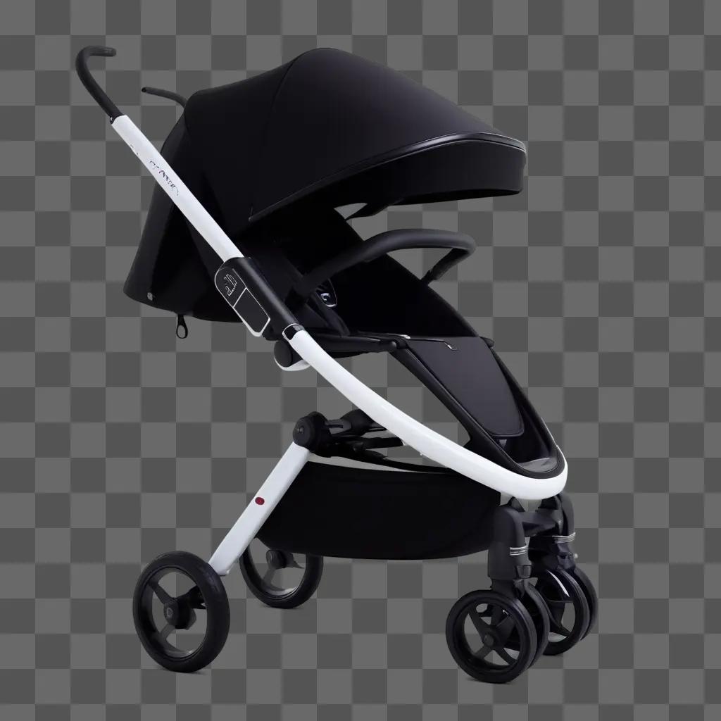 Black stroller with white handle and wheels