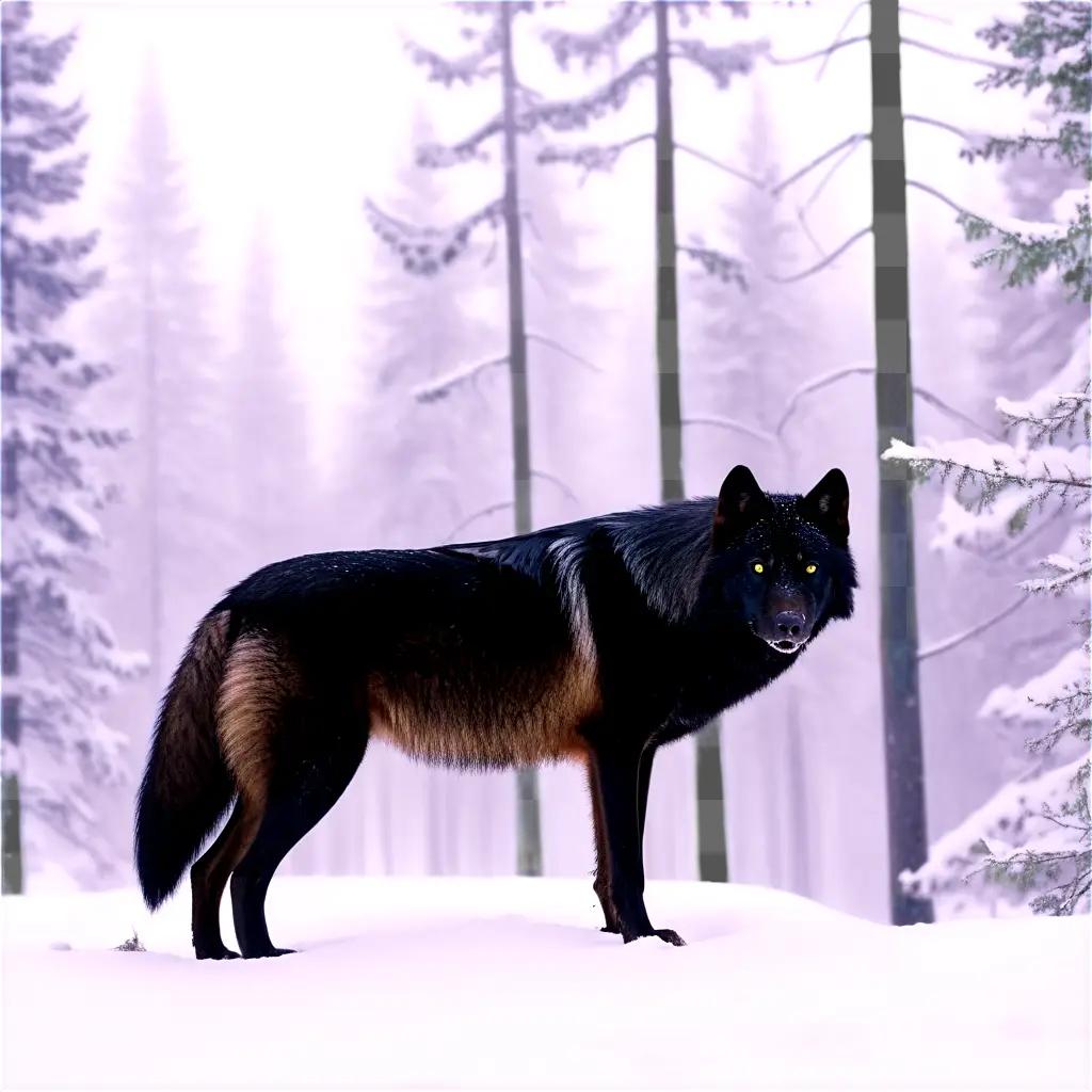 木々の生い茂る雪の森の黒いオオカミ