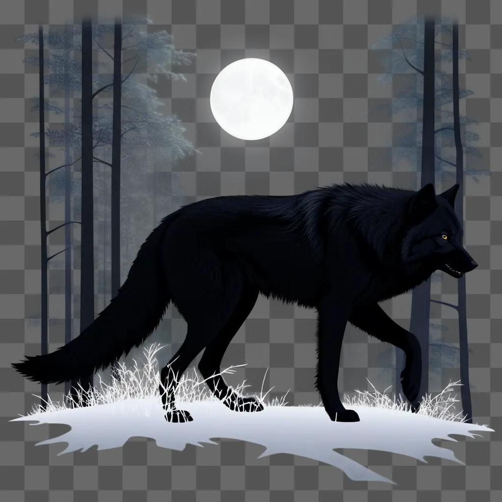 満月の下の雪に覆われた森の小道を走る黒いオオカミ