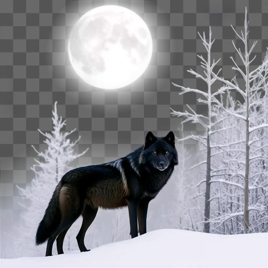 木々と月の近くに雪の中に立つ黒いオオカミ