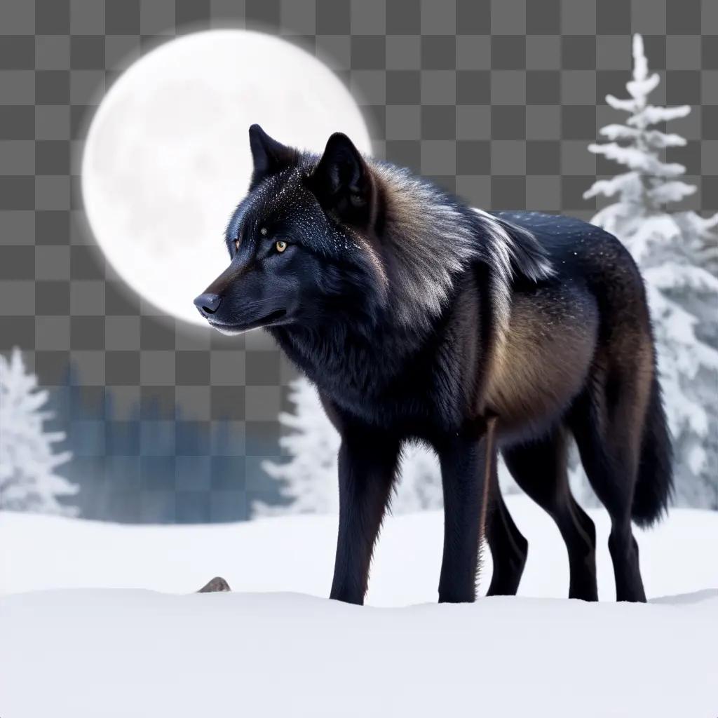 雪の森に立つ黒いオオカミ