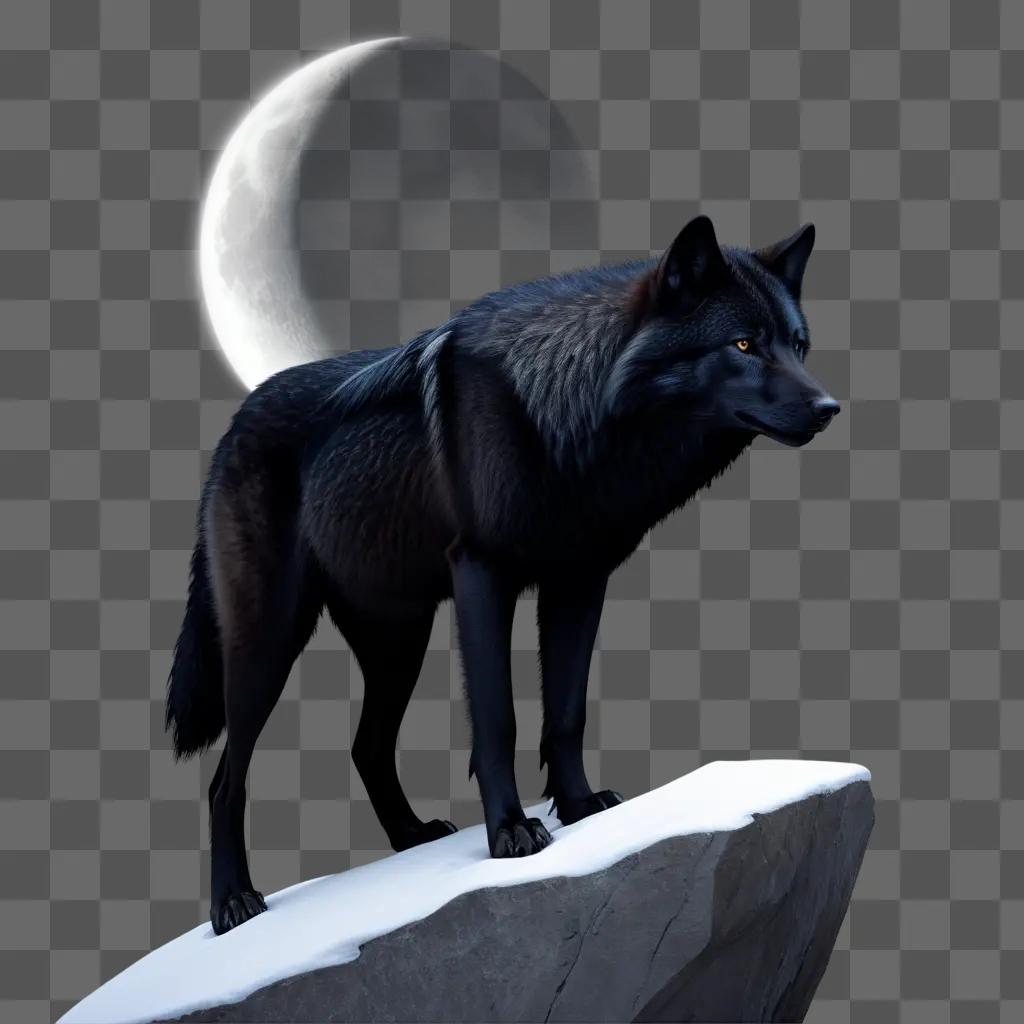 満月を背景に雪に覆われた岩の上に立つ黒いオオカミ