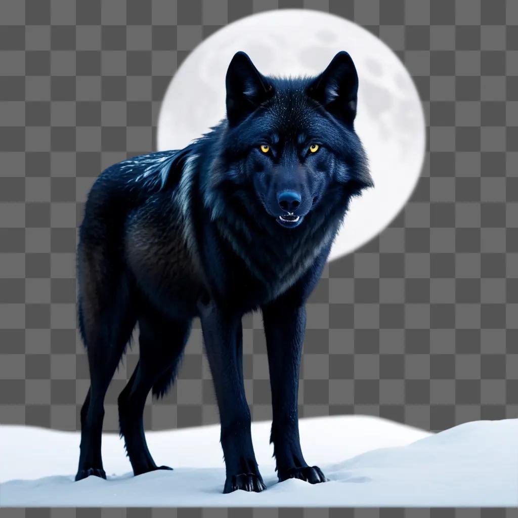月を背景に雪の中に立つ黒いオオカミ