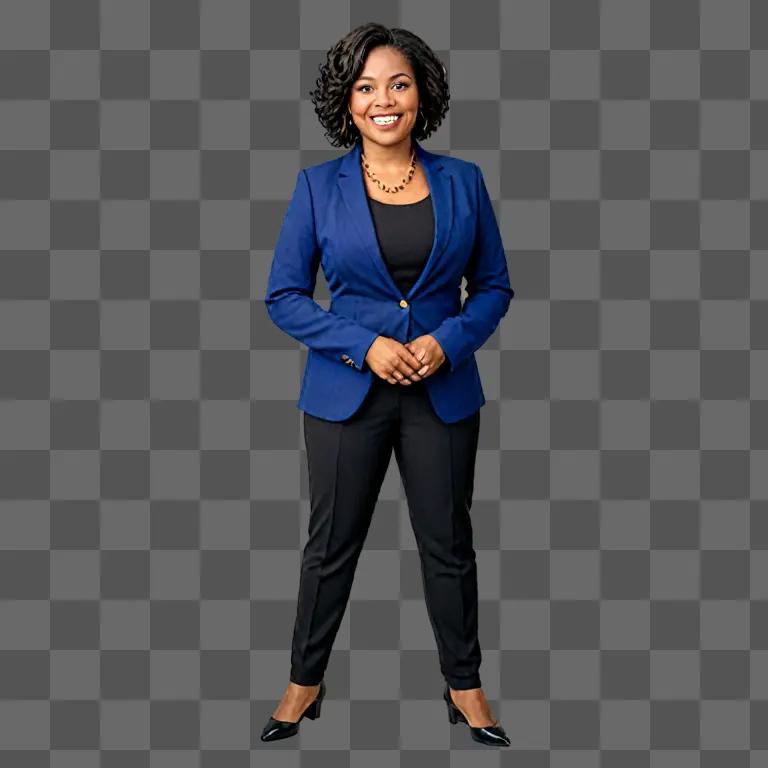 Black woman wearing blue suit and shoes