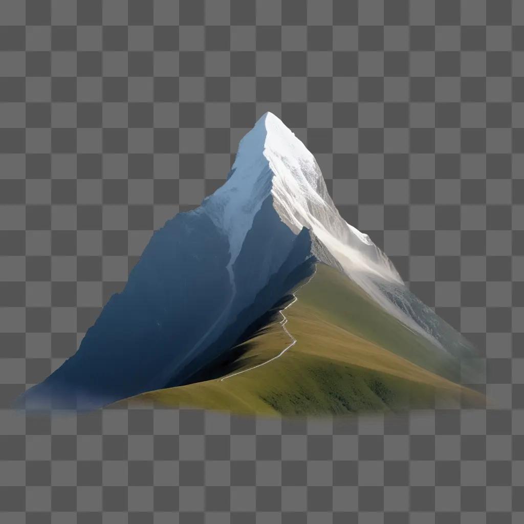 Blank, transparent mountain peak with snowy top and green grassy path