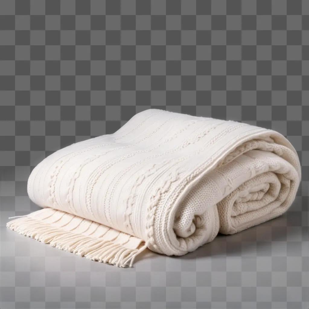 白い背景にフリンジとニットの質感の毛布