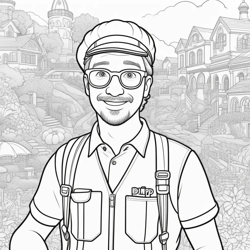 Blippi coloring page of a man in a white shirt and glasses