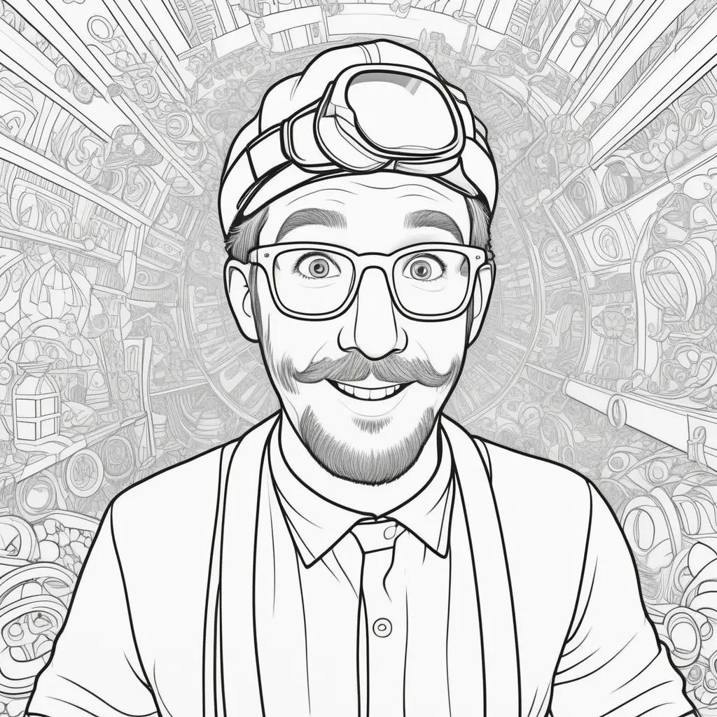 Blippi coloring pages featuring a man with glasses and a hat