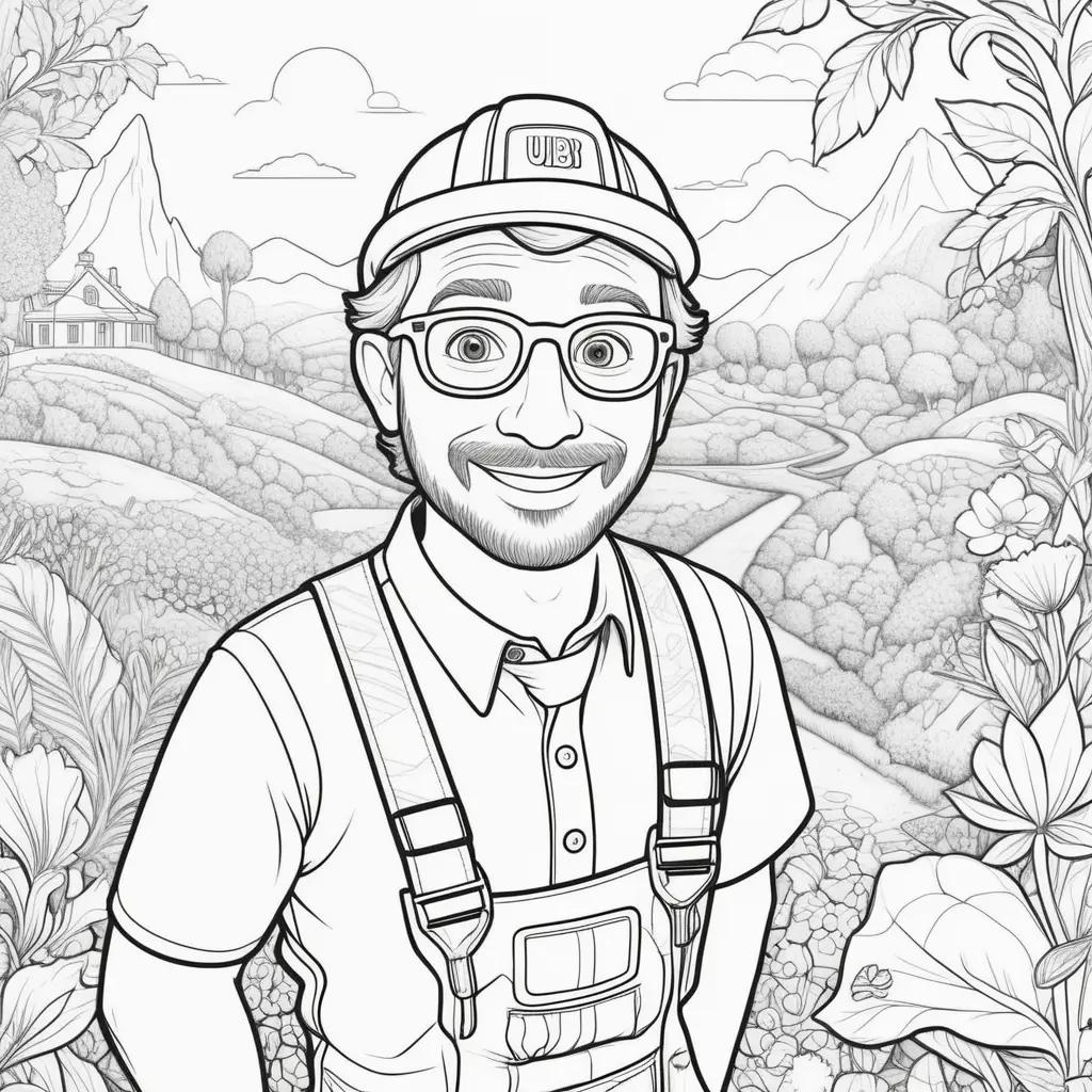 Blippi coloring pages of a man in a hat and suspenders